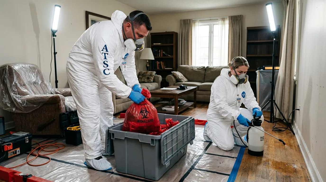 Professional Hoarding Cleanup technician in full PPE working in Cahokia